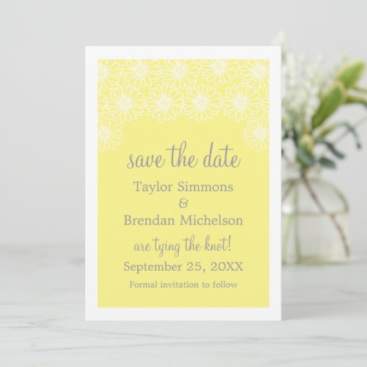 Whimsical Daisise Save the Date einladen, gelb (Stehend Vorderseite)