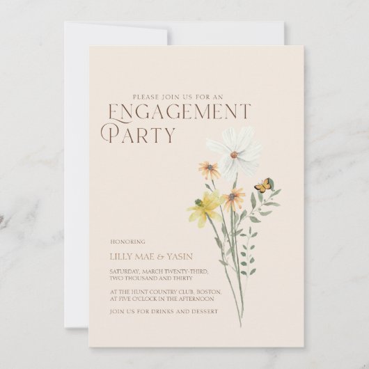 Whimsical Daisy Yellow Wildblume Engagement Party Einladung (Vorderseite)