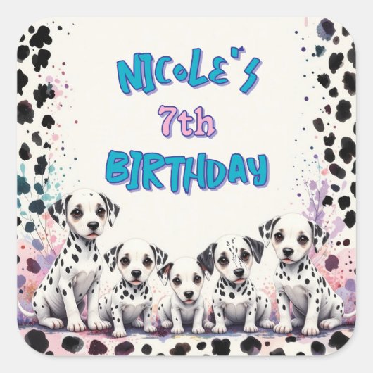 Whimsical Dalmatian Puppies Birthday Personalized Quadratischer Aufkleber (Vorderseite)