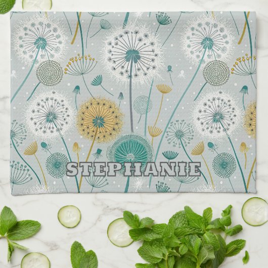 Whimsical Dandela - Gelb, Weiß und Aquamarin Geschirrtuch (Gefaltet)