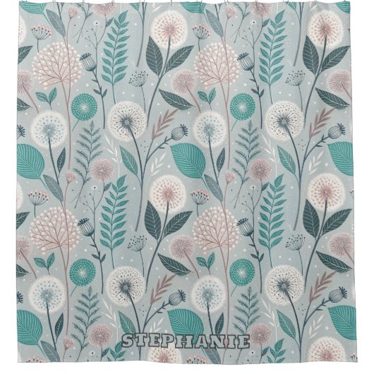 Whimsical Dandelion & Floral Folk Art Nahtlos (2) Duschvorhang (Vorderseite)