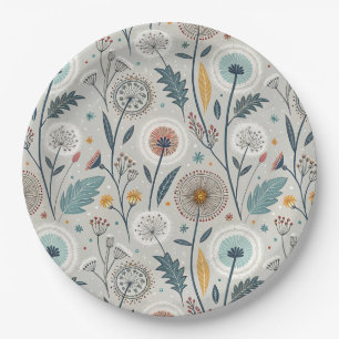 Whimsical Dandelion & Floral Folk Kunst Nahtlos Pappteller