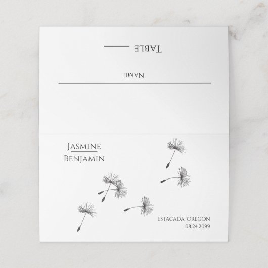 Whimsical Dandelion Wedding Place / Escort Card Platzkarte (Außenseite Aufgefaltet)