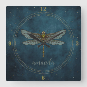 Whimsical Dark Blue Celestial Mystical Dragonfly Quadratische Wanduhr