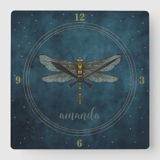 Whimsical Dark Blue Celestial Mystical Dragonfly Quadratische Wanduhr (Vorderseite)