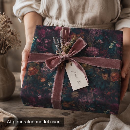 Whimsical Dark Moody Boho Floral Decoupage Geschenkpapier