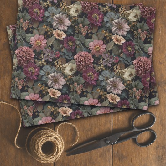 Whimsical Dark Moody Mute Floral Decoupage Seidenpapier