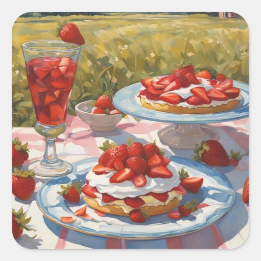 Whimsical decadent Strawberry Shortcake party Quadratischer Aufkleber (Vorderseite)