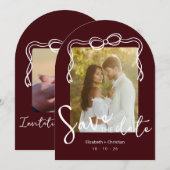 Whimsical Deep Burgundy Gebogenes Foto Save the Da Einladung (Vorne/Hinten)