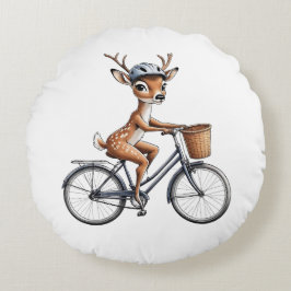 Whimsical Deer Riding a Bicycle - Hand Gezeichnet Rundes Kissen