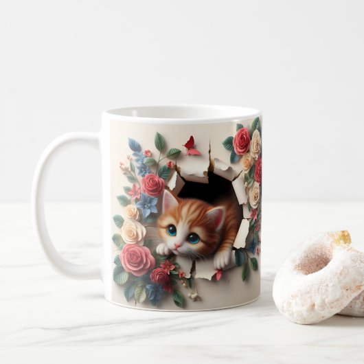 Whimsical Delight: 3D Kitten Loch in einer Wand Kaffeetasse (Mit Donut)