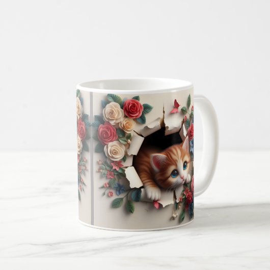 Whimsical Delight: 3D Kitten Loch in einer Wand Kaffeetasse (VorderseiteRechts)