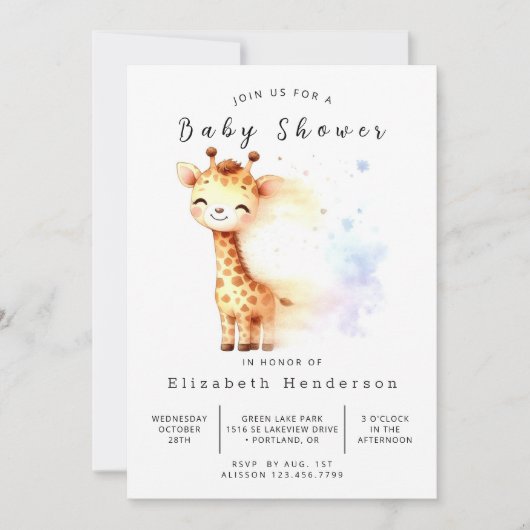 Whimsical Digital Giraffe Baby Dusche Einladung (Vorderseite)