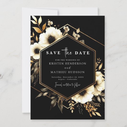 Whimsical Digital Gold und Black Wedding Save The Date (Vorderseite)