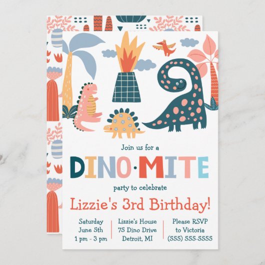 Whimsical Dino-Mite Dinosaur Themed Birthday Party Einladung (Vorne/Hinten)