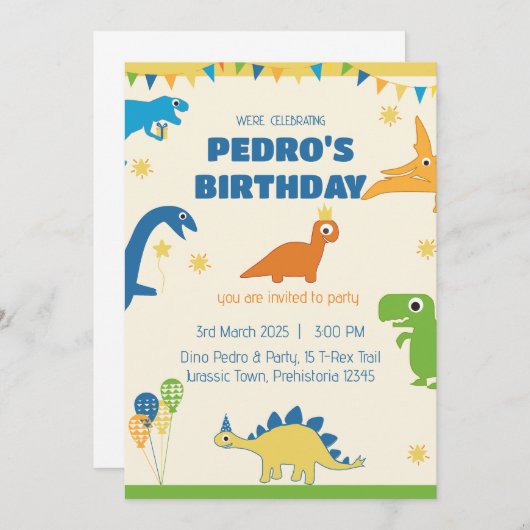 Whimsical Dinosaur Geburtstagsparty Einladung (Vorne/Hinten)