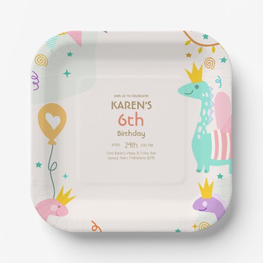 Whimsical Dinosaurier Princess Birthday Pappteller (Vorderseite)