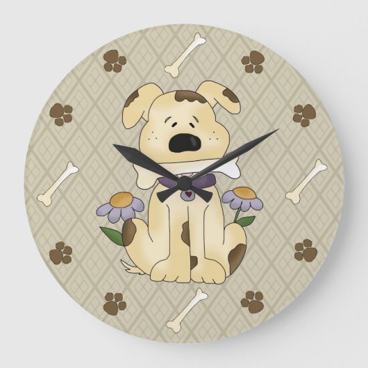 Whimsical Dog with Bone Wall Clock Große Wanduhr (Vorderseite)