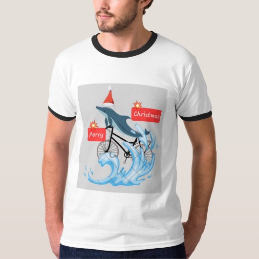 Whimsical Dolphin auf dem Fahrrad Frohe Weihnachte T-Shirt (Vorderseite)