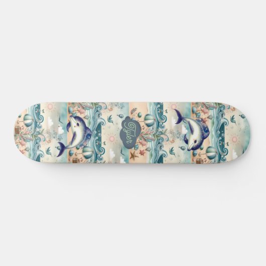 Whimsical Dolphin Boho Ocean Waves Beach Tropical Skateboard (Horizontal)