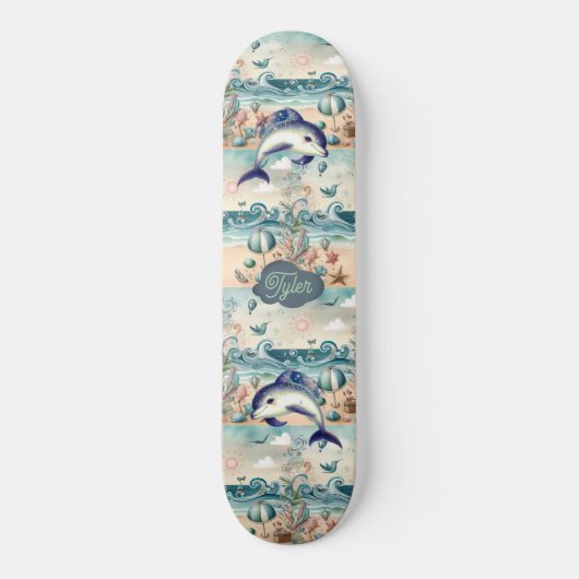 Whimsical Dolphin Boho Ocean Waves Beach Tropical Skateboard (Vorderseite)