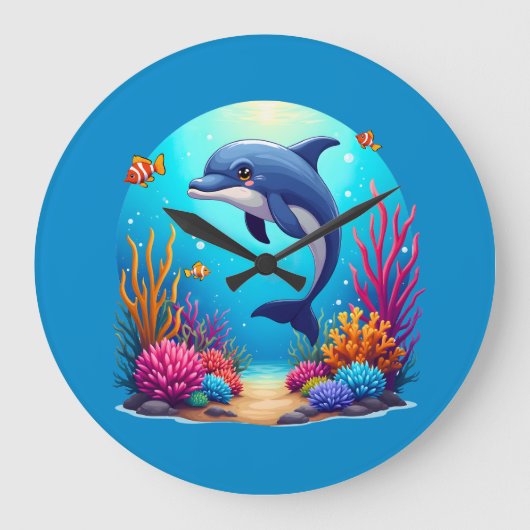 Whimsical Dolphin in einem lebendigen Korallenriff Große Wanduhr (Vorderseite)