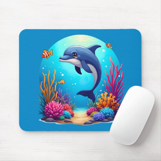 Whimsical Dolphin in einem lebendigen Korallenriff Mousepad (Mit Mouse)