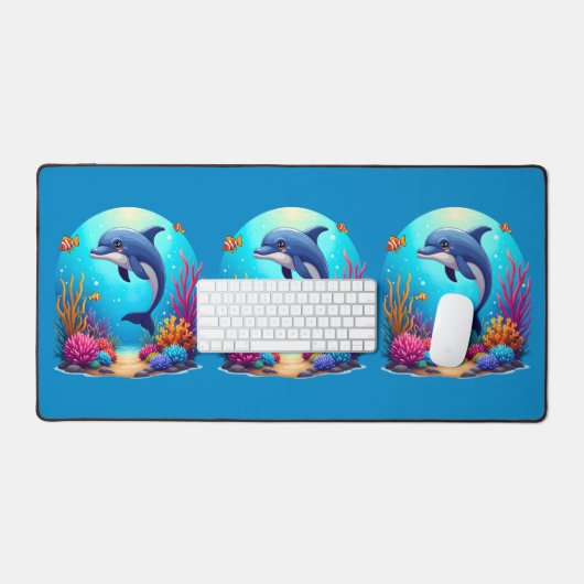 Whimsical Dolphin in einem lebendigen Korallenriff Schreibtischunterlage (Tastatur & Maus)