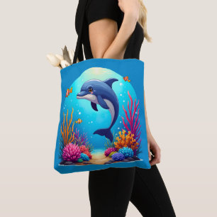 Whimsical Dolphin in einem lebendigen Korallenriff Tasche