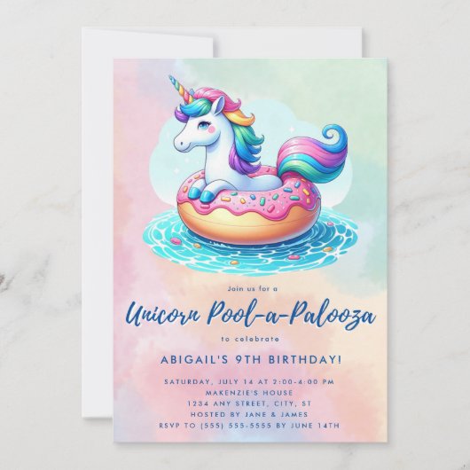 Whimsical Donut Rainbow Unicorn Pool Party Einladung (Vorderseite)