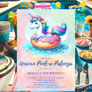 Whimsical Donut Rainbow Unicorn Pool Party Einladung
