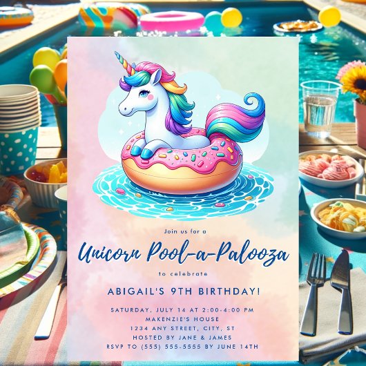 Whimsical Donut Rainbow Unicorn Pool Party Einladung
