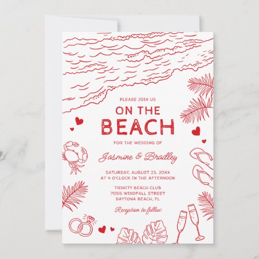 Whimsical Doodle Beach Hochzeit Einladung (Vorderseite)
