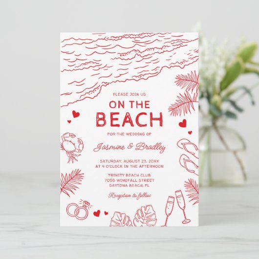 Whimsical Doodle Beach Hochzeit Einladung (Stehend Vorderseite)