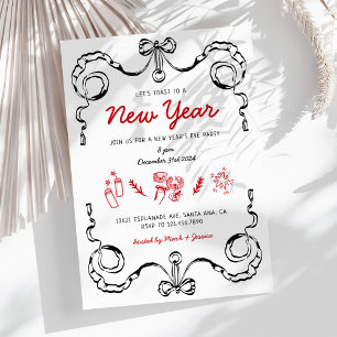 Whimsical Doodle Black and Red New Year Party Einladung