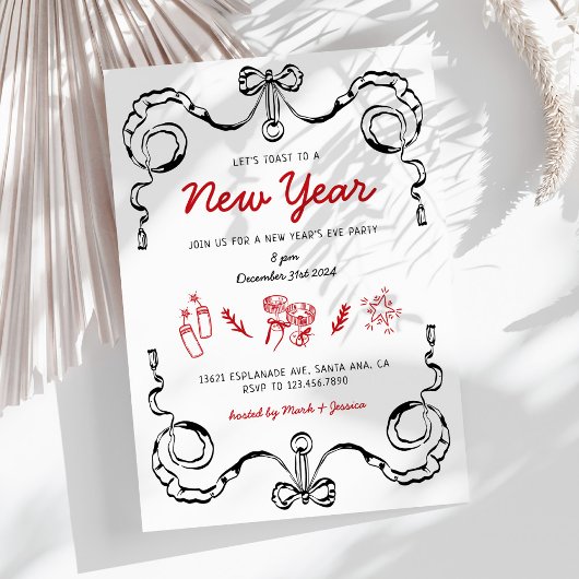 Whimsical Doodle Black and Red New Year Party Einladung