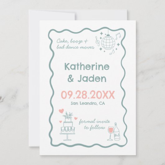 Whimsical Doodle blaue Save The Date-Karte Date (Vorderseite)