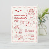 Whimsical Doodle Cake Blume Galentine's Day Party Einladung (Stehend Vorderseite)