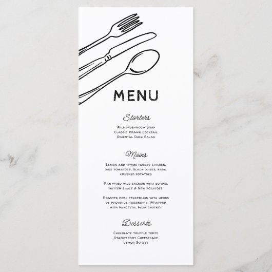Whimsical Doodle Cutlery Wedding Menu Menükarte (Vorderseite)