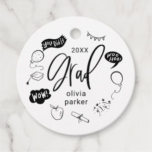 Whimsical Doodle Grad Party Weißer Gefallen Tags Geschenkanhänger