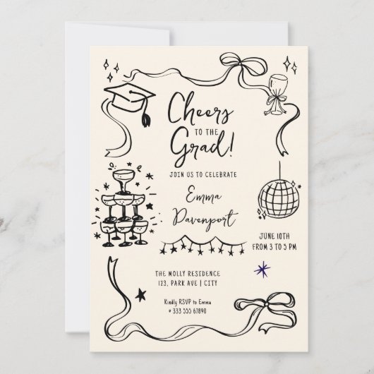 Whimsical Doodle Graduation Party Einladung (Vorderseite)