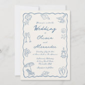 Whimsical Doodle Hand Drawn Coastal Beach Wedding Einladung (Vorderseite)