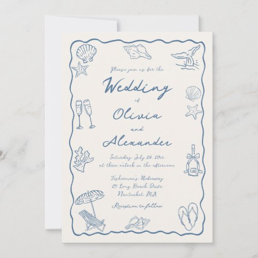 Whimsical Doodle Hand Drawn Coastal Beach Wedding Einladung (Vorderseite)