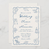 Whimsical Doodle Hand Drawn Coastal Beach Wedding Einladung (Vorne/Hinten)