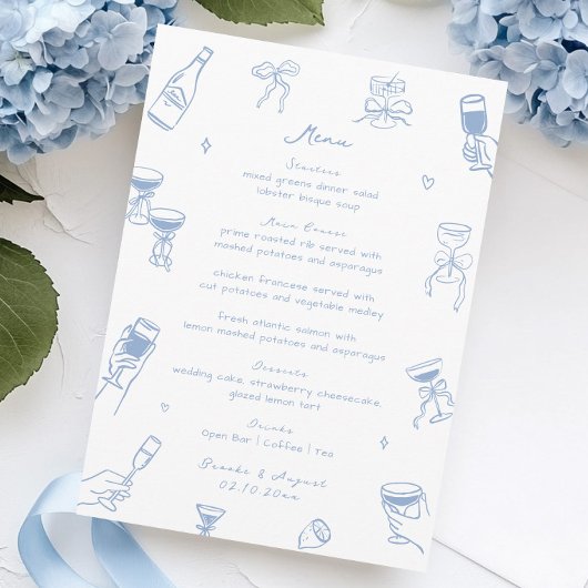 Whimsical Doodle Hand Drawn Dusty Blue Wedding Menükarte