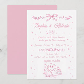Whimsical Doodle Hand Drawn Pink Swans Wedding Einladung
