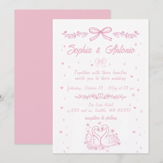 Whimsical Doodle Hand Drawn Pink Swans Wedding Einladung (Vorne/Hinten)
