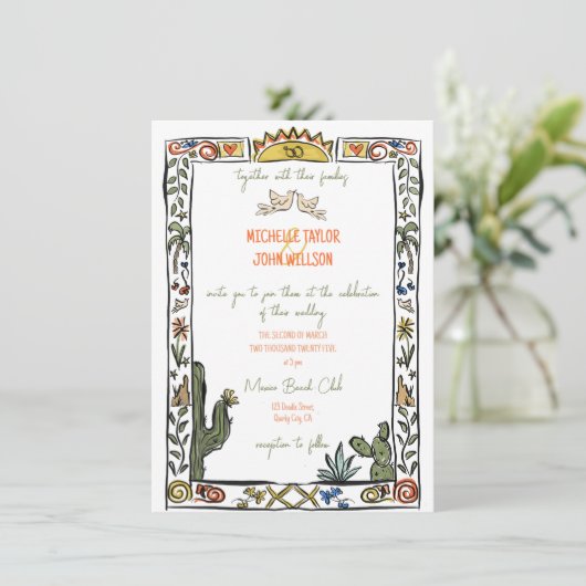 Whimsical Doodle Hand gezogen Mexiko Beach Hochzei Einladung (Stehend Vorderseite)