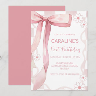 Whimsical Doodle Pink Bow Erster Geburtstag Einladung