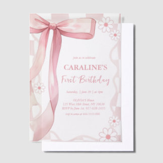 Whimsical Doodle Pink Bow Erster Geburtstag Pergament Einladungen